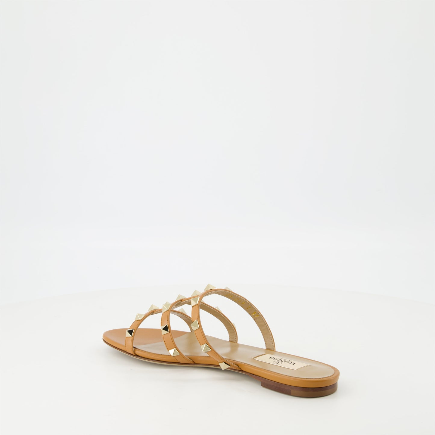 Valentino sandals, Camel leather sandals, Rockstud shoes, Platinum studded sandals, Open-toe leather footwear