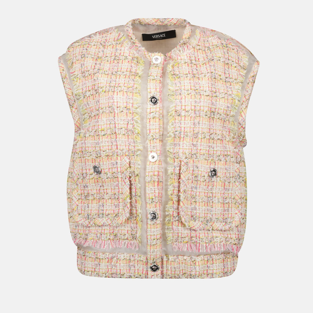 sleeveless jacket, tweed jacket, Versace style, women's outerwear, luxurious tweed