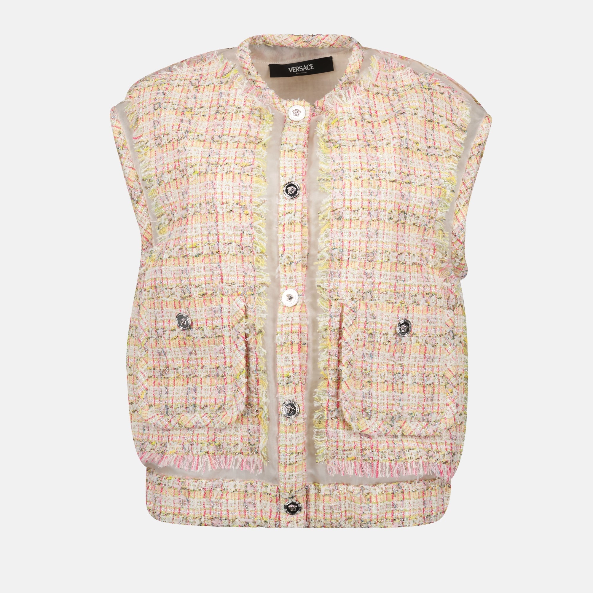 sleeveless jacket, tweed jacket, Versace style, women's outerwear, luxurious tweed