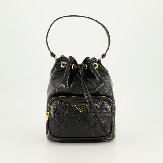 Prada bucket bag, patent leather bag, drawstring bag, black handbag, luxury accessories