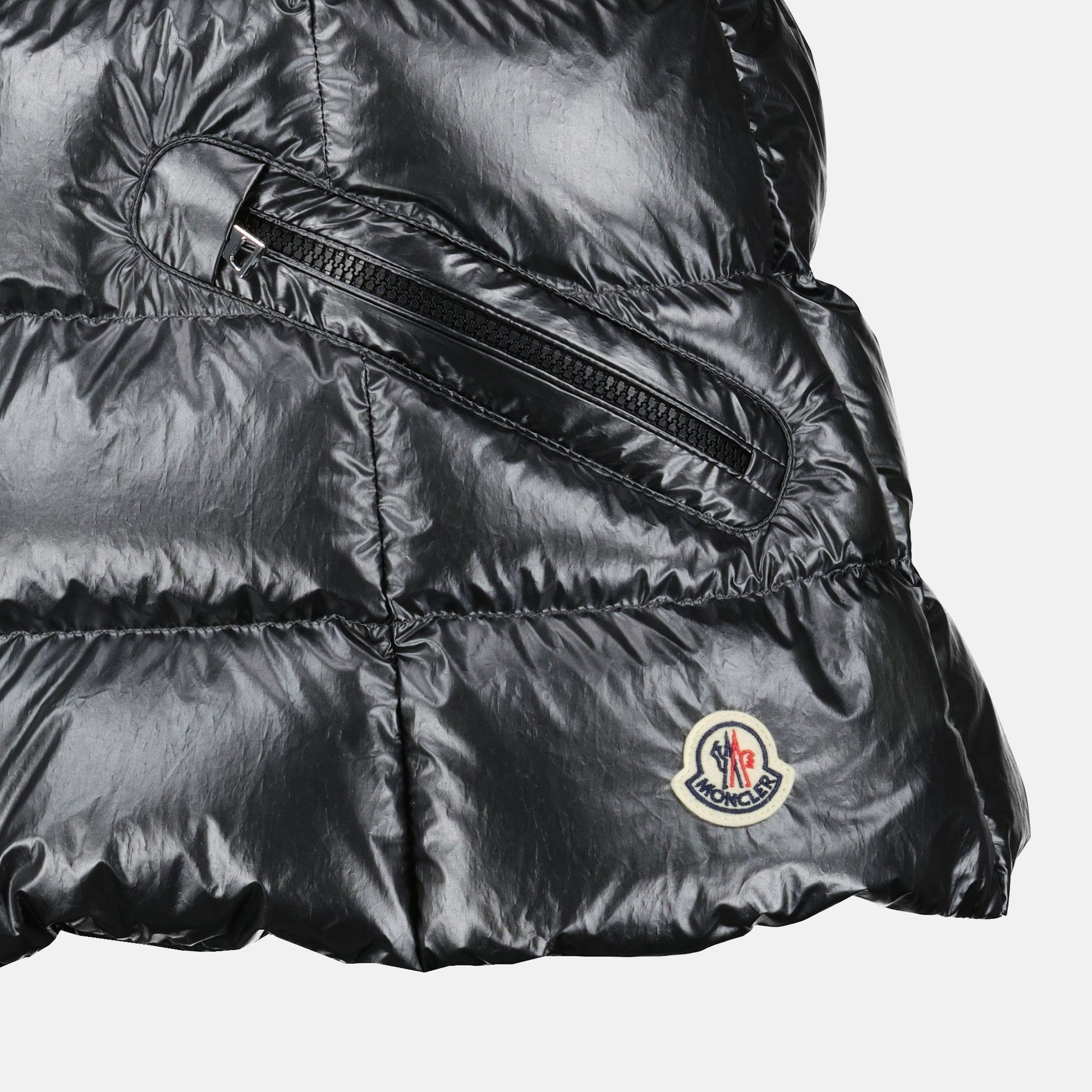 sleeveless down jacket, luxury outerwear, black nylon jacket, Moncler Autumn-Winter 2024, fur collar jacket