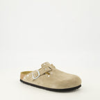 Birkenstock mules, beige suede shoes, comfortable footwear, molded sole, adjustable slip-ons