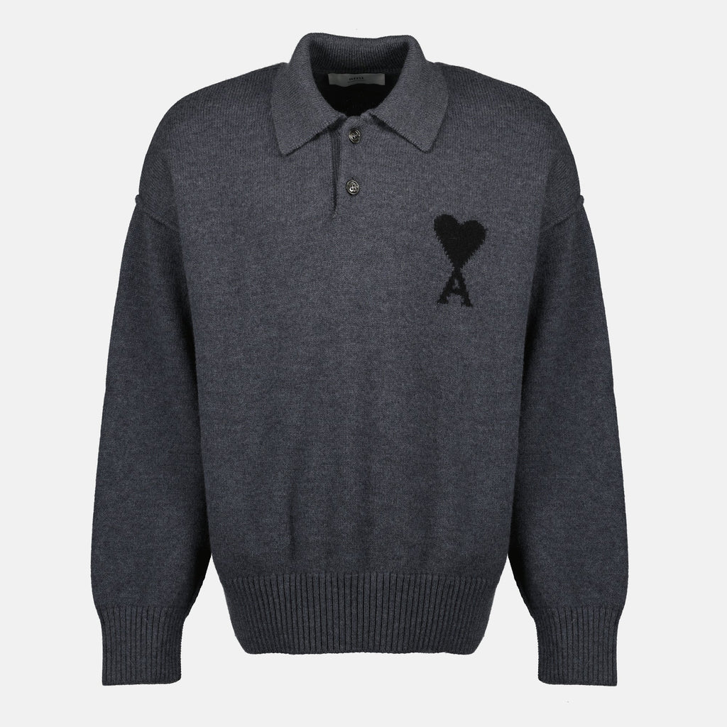 AMI Paris polo, wool long sleeve polo, anthracite polo, classic collar polo, unisex clothing