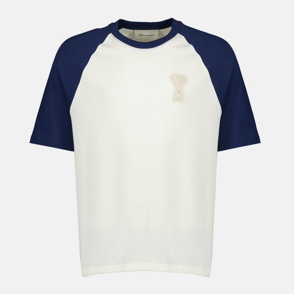 Image of White and Blue Cotton T-Shirt by Ami PARIS for Unisex - Season Spring-Summer 2026 - Front View