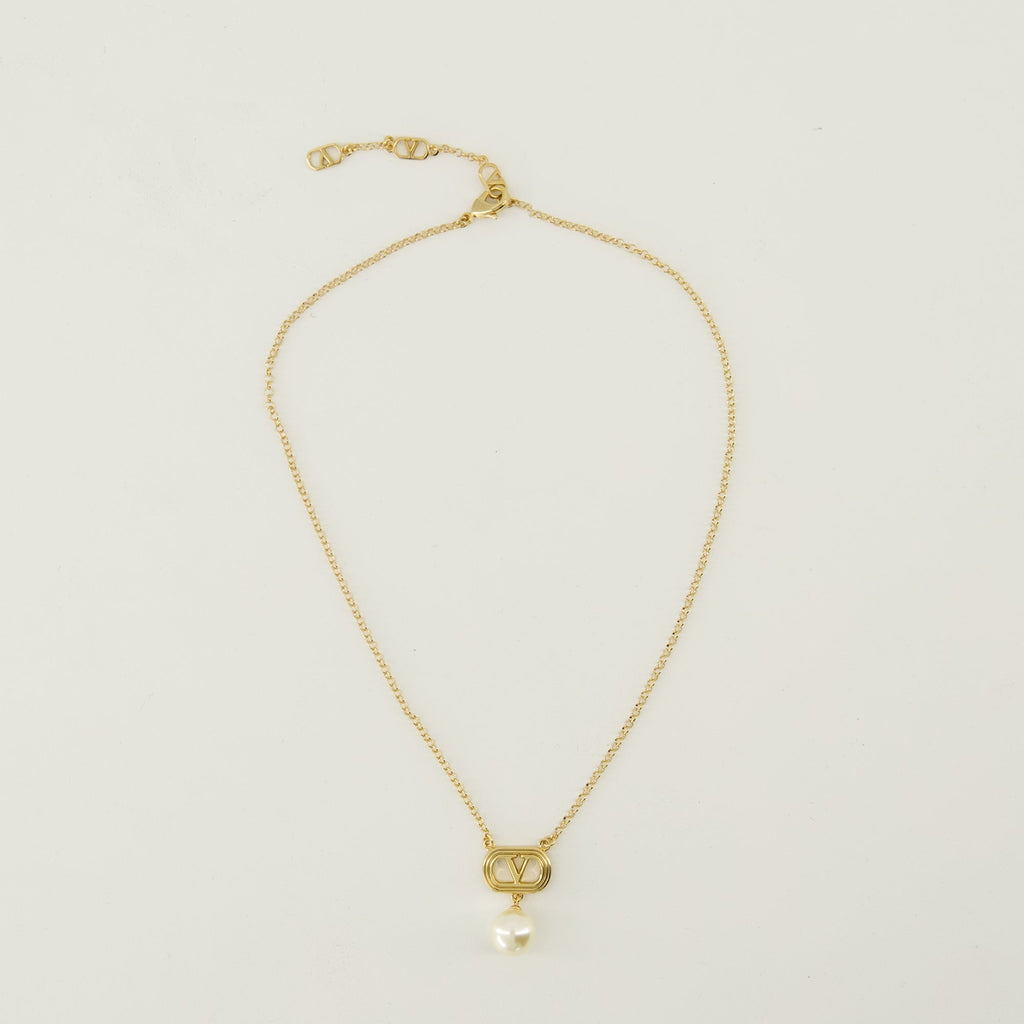 Valentino Garavani necklace, Vlogo pearl necklace, luxury accessories, gold metal jewelry, designer neckwear