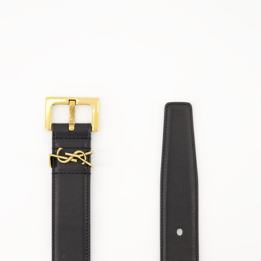 black leather belt, Saint Laurent belt, Cassandre logo belt, adjustable belt, luxury accessories