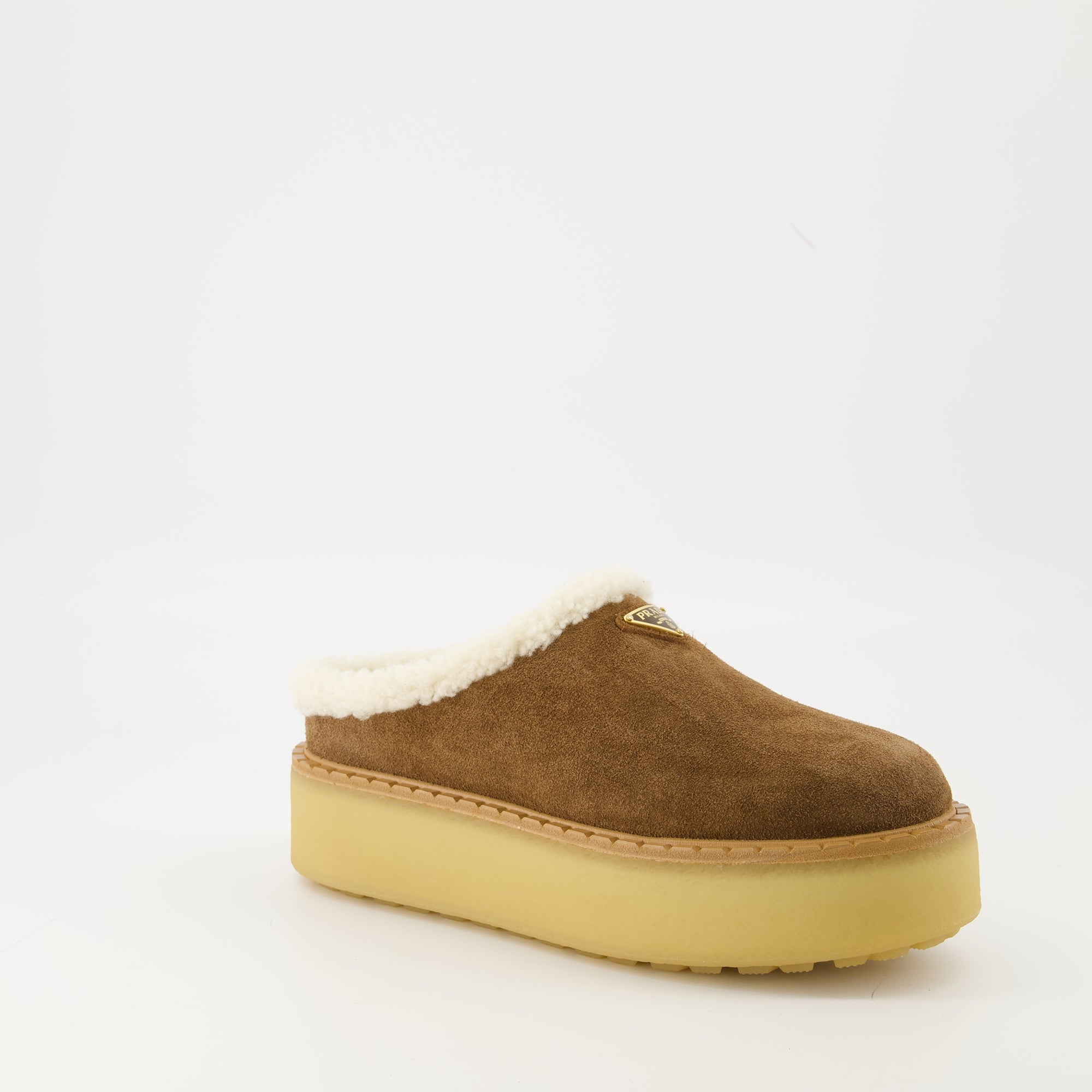 Prada mules, beige fur-lined footwear, suede mules, women's slip-on shoes, Autumn-Winter collection