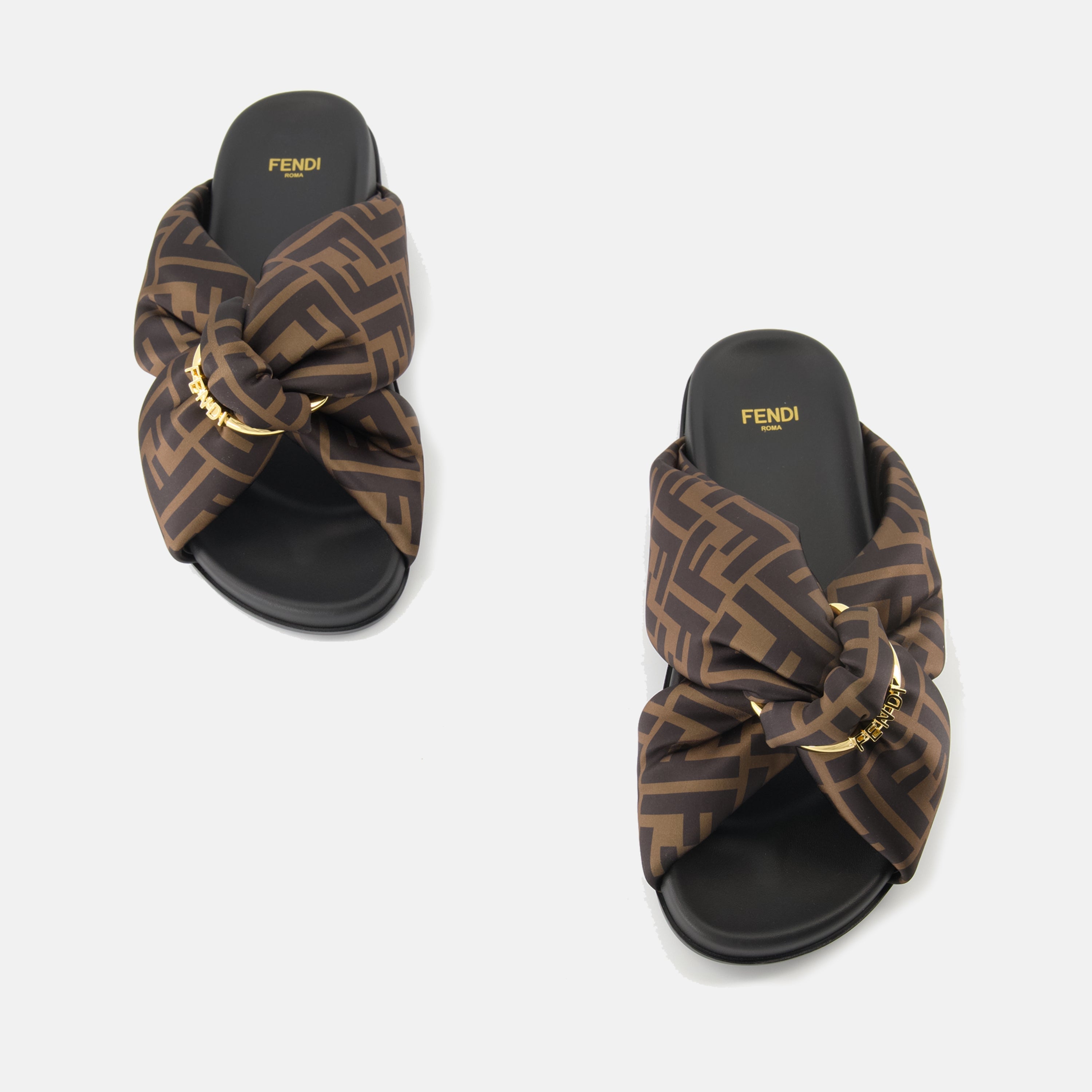 Fendi sandals, brown slip-on sandals, satin sandals, high-end footwear, D-buckle sandals