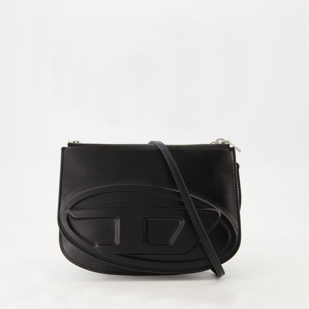 Diesel bag, 1DR Twin bag, black leather bag, zippered compartment bag, adjustable shoulder strap