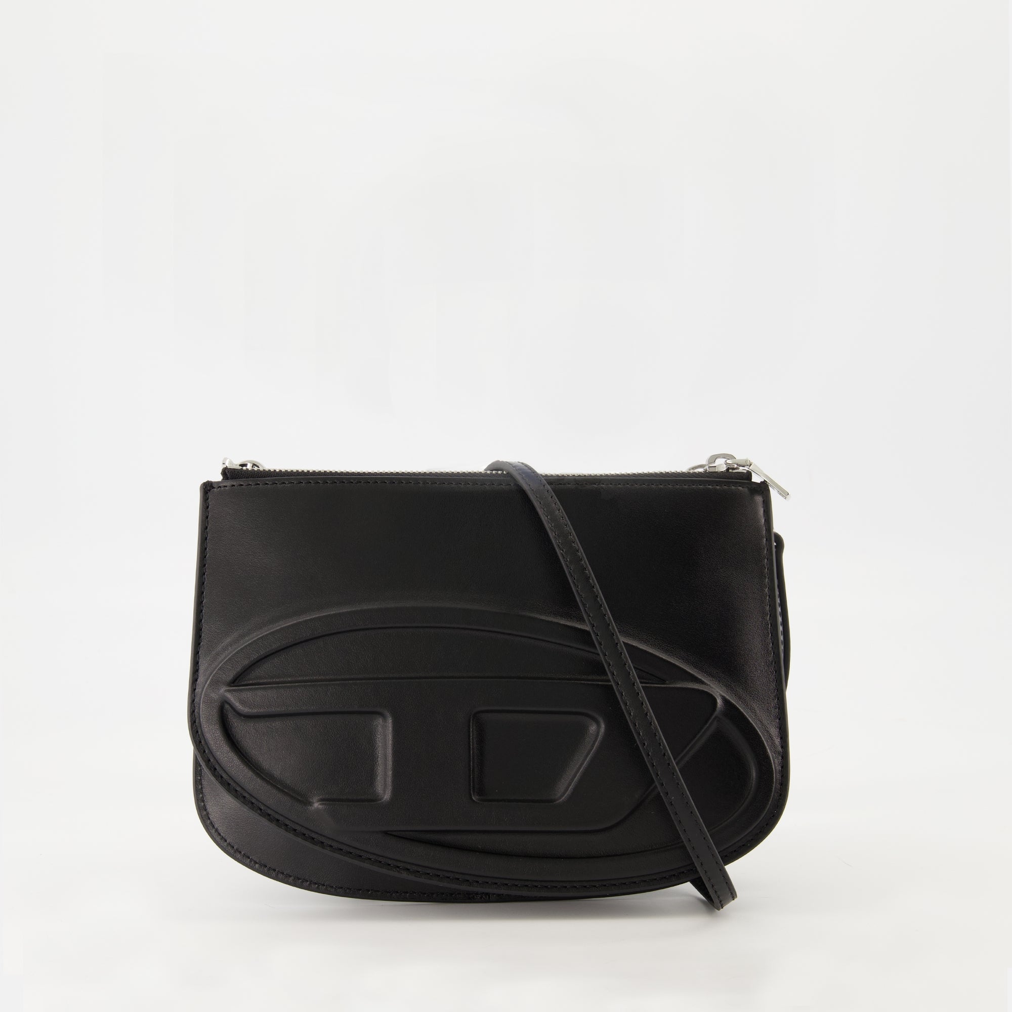 Diesel bag, 1DR Twin bag, black leather bag, zippered compartment bag, adjustable shoulder strap