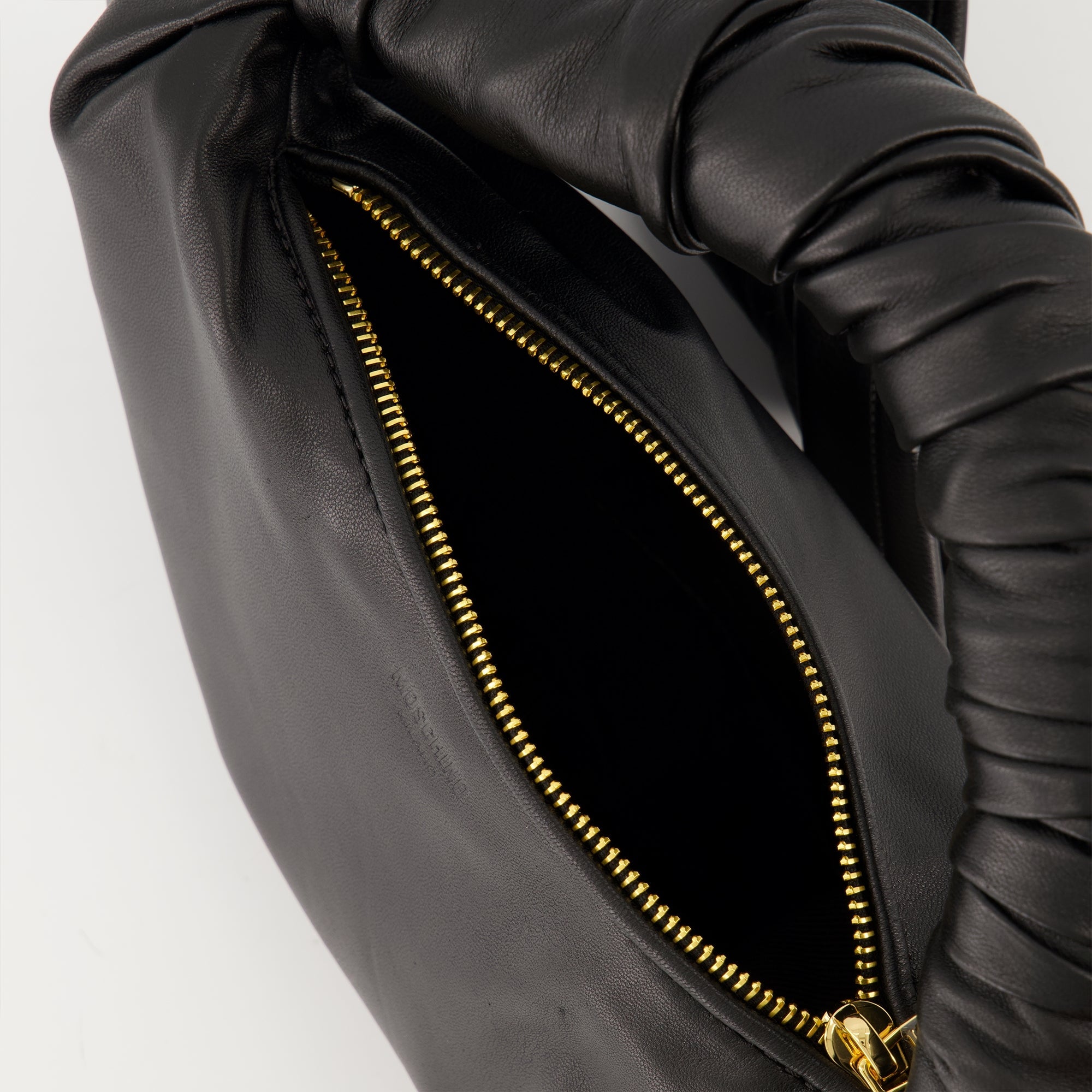 Moschino glove bag, black handbag, zip closure bag, removable chain strap, women's accessories