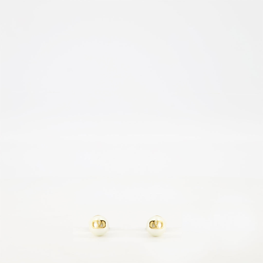 VLogo Pearl Earrings, Valentino Garavani jewelry, butterfly clasp earrings, gold metallic earrings, resin pearl accessories