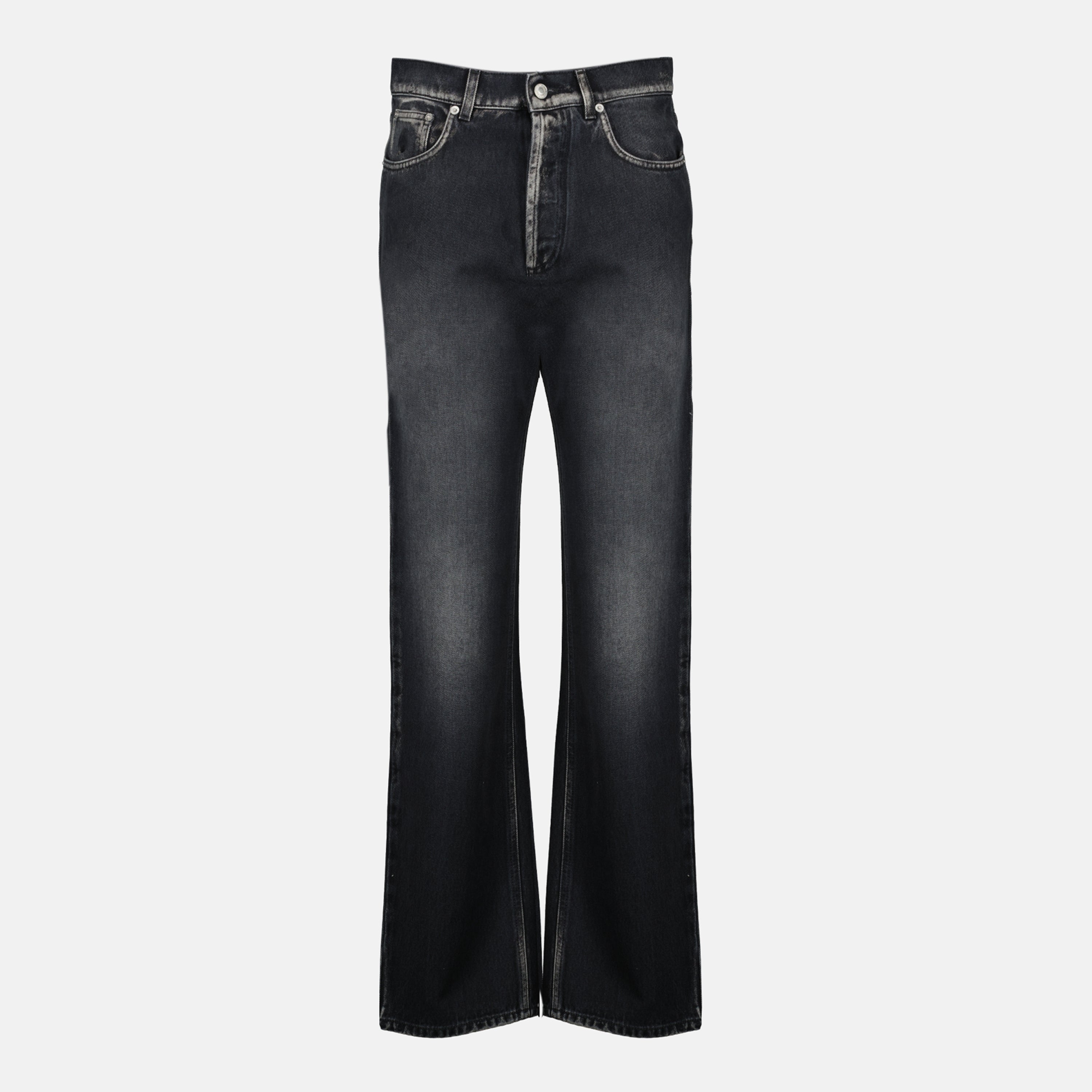 black denim jeans, Moschino jeans, straight cut jeans, five pocket design, denim fashion