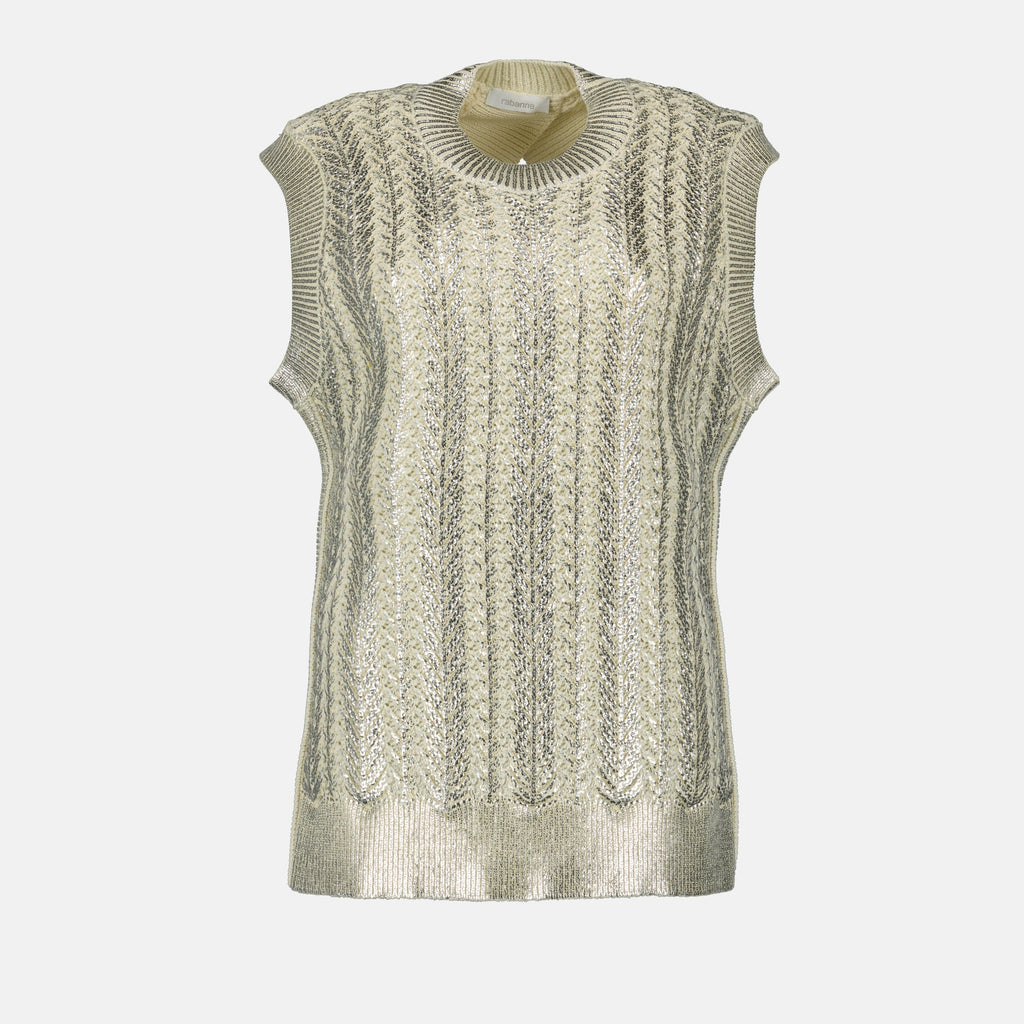 sleeveless top, Rabanne knitwear, beige top, silver details, Spring-Summer fashion