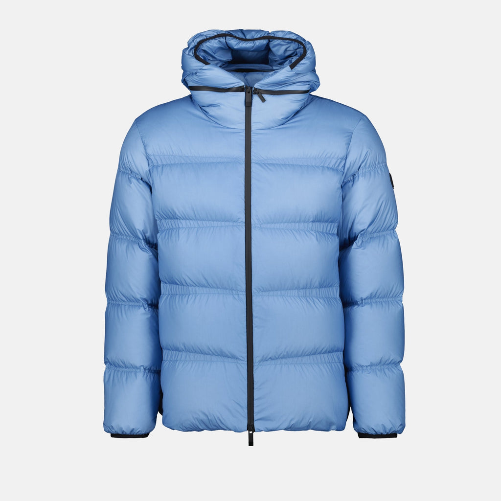 Image of Light Blue Nylon Puffer Jacket by Moncler for Men - Season Autumn-Winter 2024 - Front View