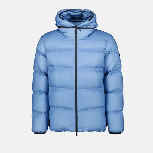 light blue puffer jacket, nylon jacket, removable hood, Moncler jacket, Autumn-Winter 2024