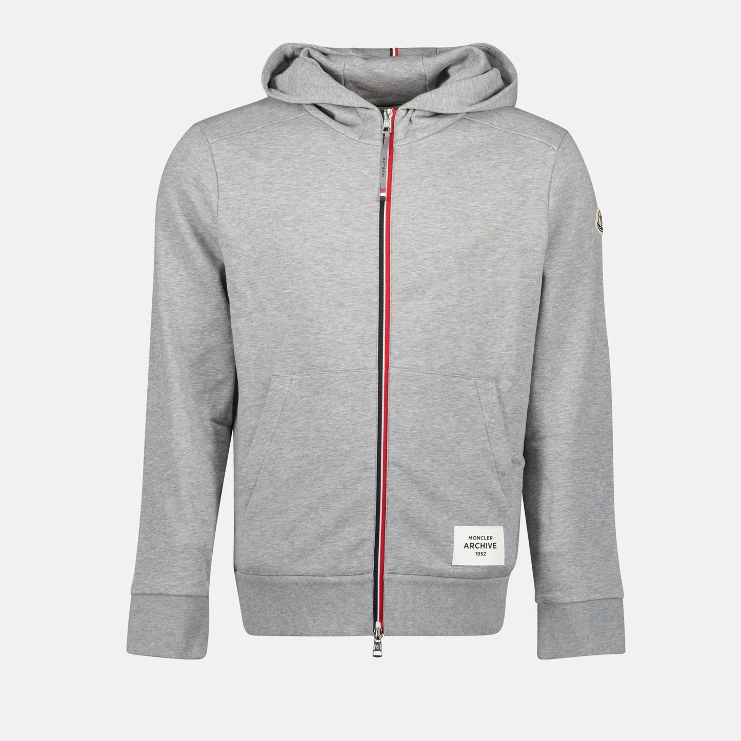 zip-up hoodie, tricolor detail, gray hoodie, high-end fashion, cotton hoodie