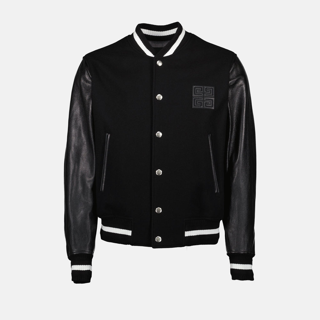 Imagem da jaqueta bomber Varsity 4G em couro e lã da Givenchy para homens - Temporada Primavera-Verão 2025 - Vista Frontal