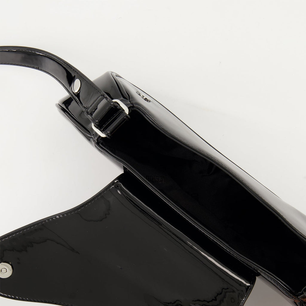 asymmetrical shoulder bag, black glossy bag, designer shoulder bag, adjustable strap bag, Diesel shoulder bag
