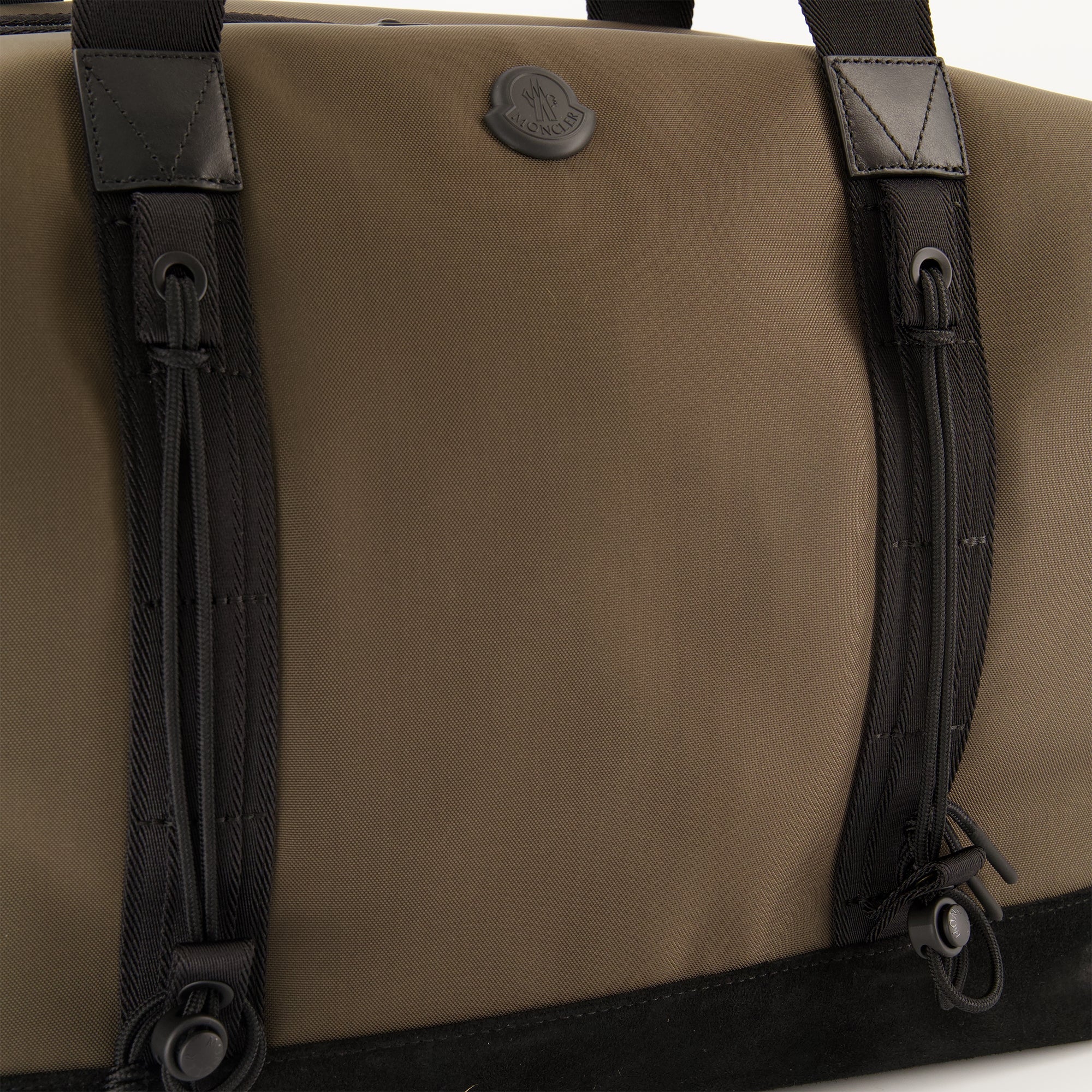 Moncler Tech Duffle Bag, travel bag, brown duffle bag, technical fabric, leather accents
