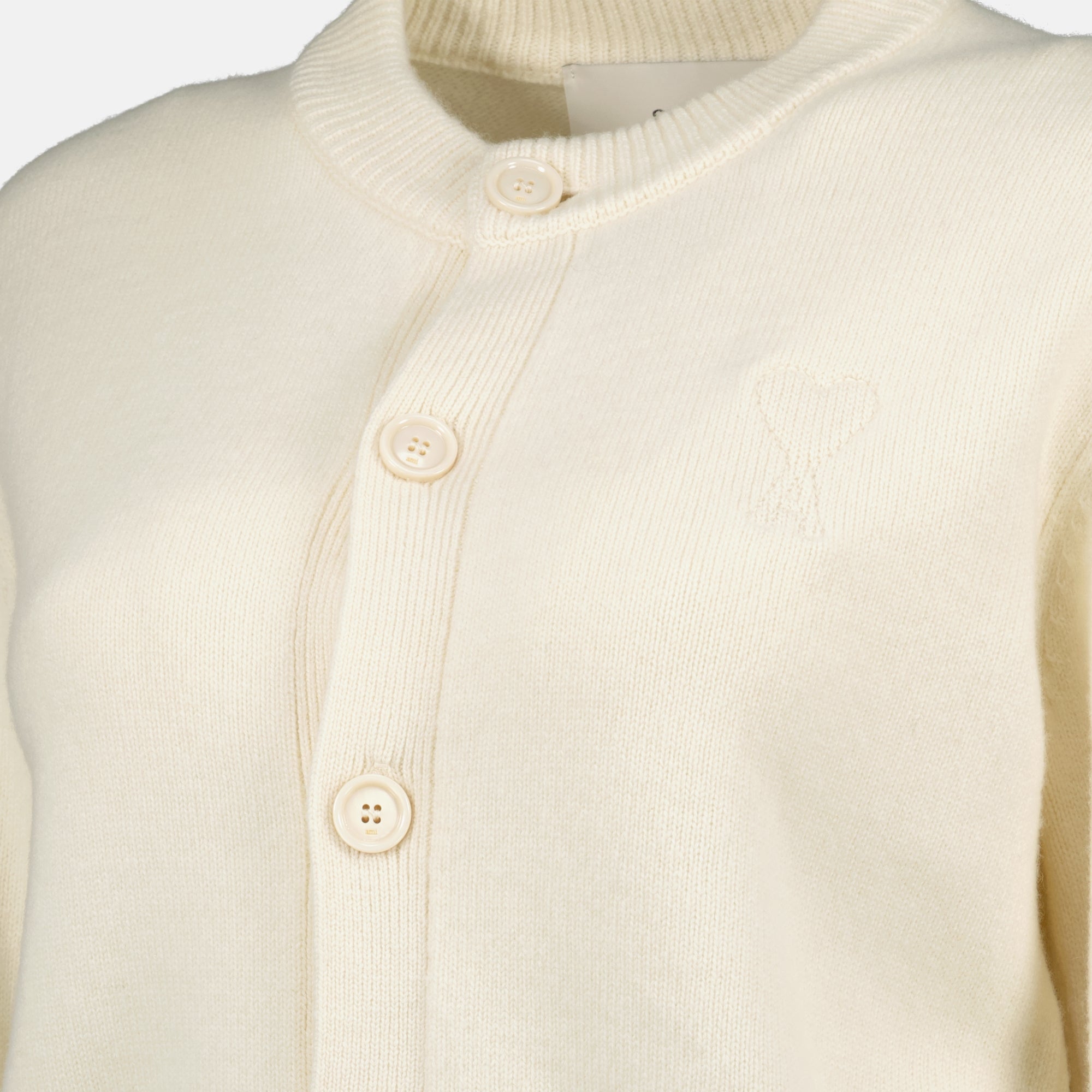 AMI de Coeur cardigan, wool and cashmere blend, white cardigan, versatile layering piece, elegant button-up design