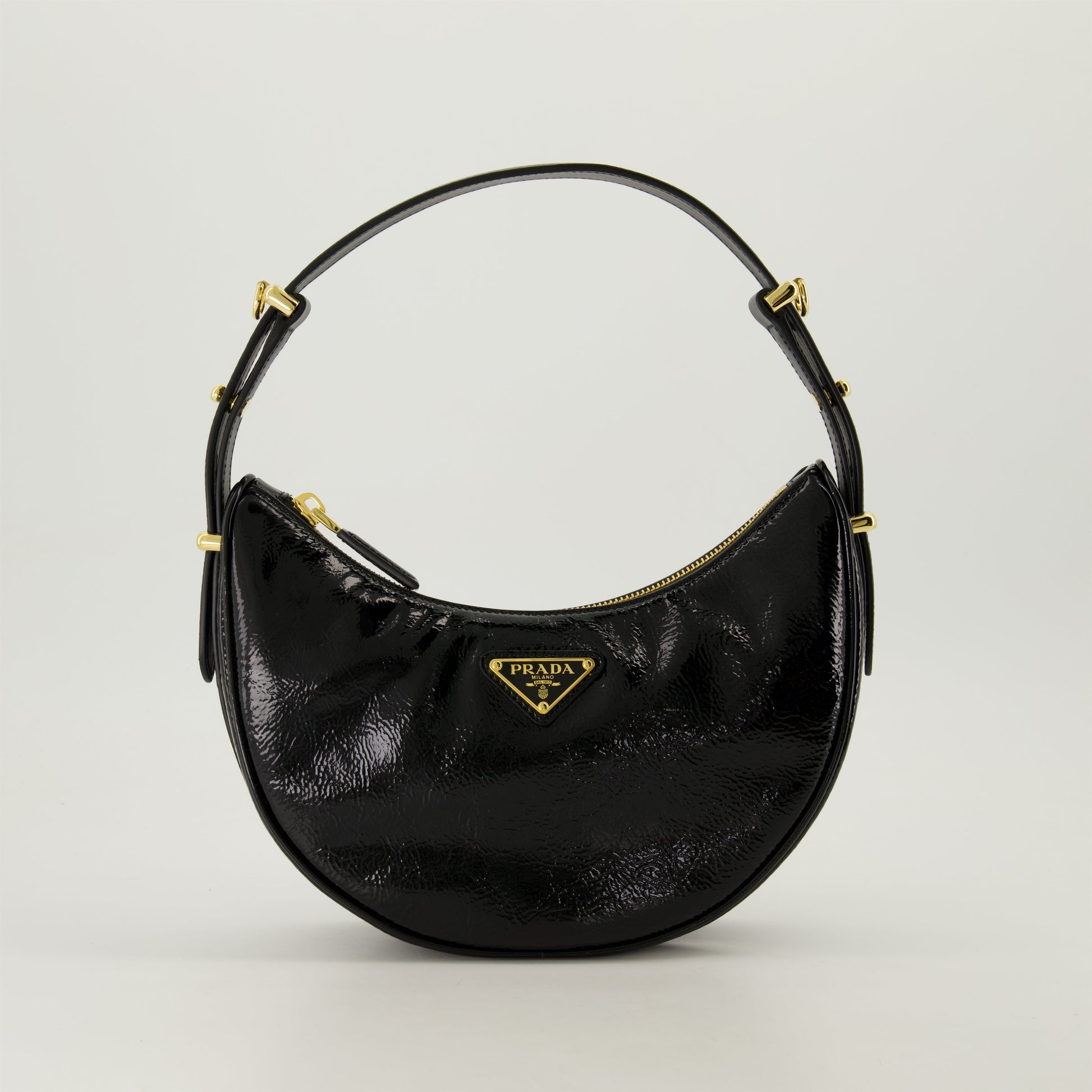 Black Patent Leather Bag, Prada Arc Bag, Spring Summer 2025, Adjustable Strap Handbag, Designer Logo Bag