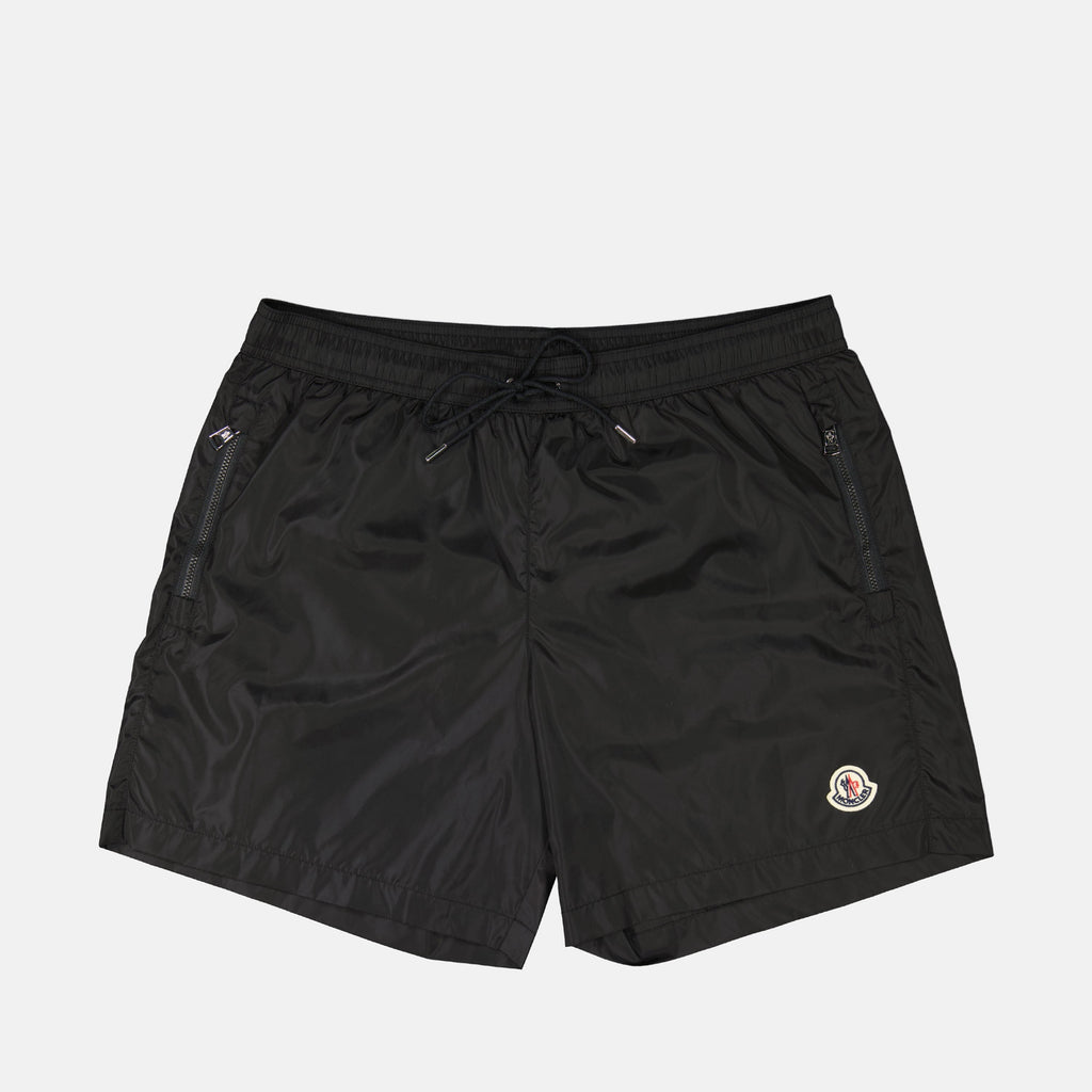 black swim shorts, Moncler swimwear, logo swim shorts, nylon swim shorts, luxury beachwear