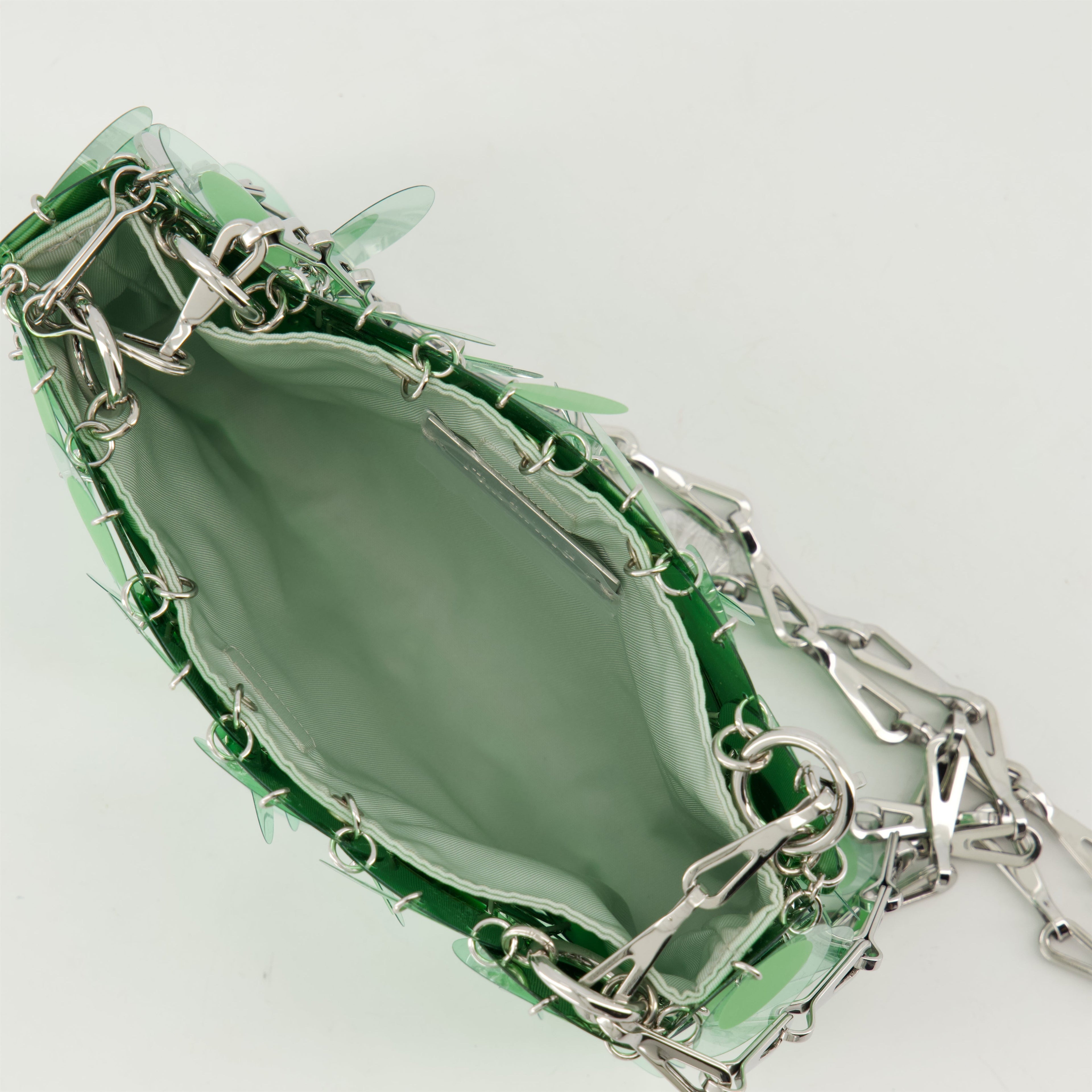 Sparkle handbag, Rabanne accessories, green and silver bag, chain shoulder bag, designer handbags