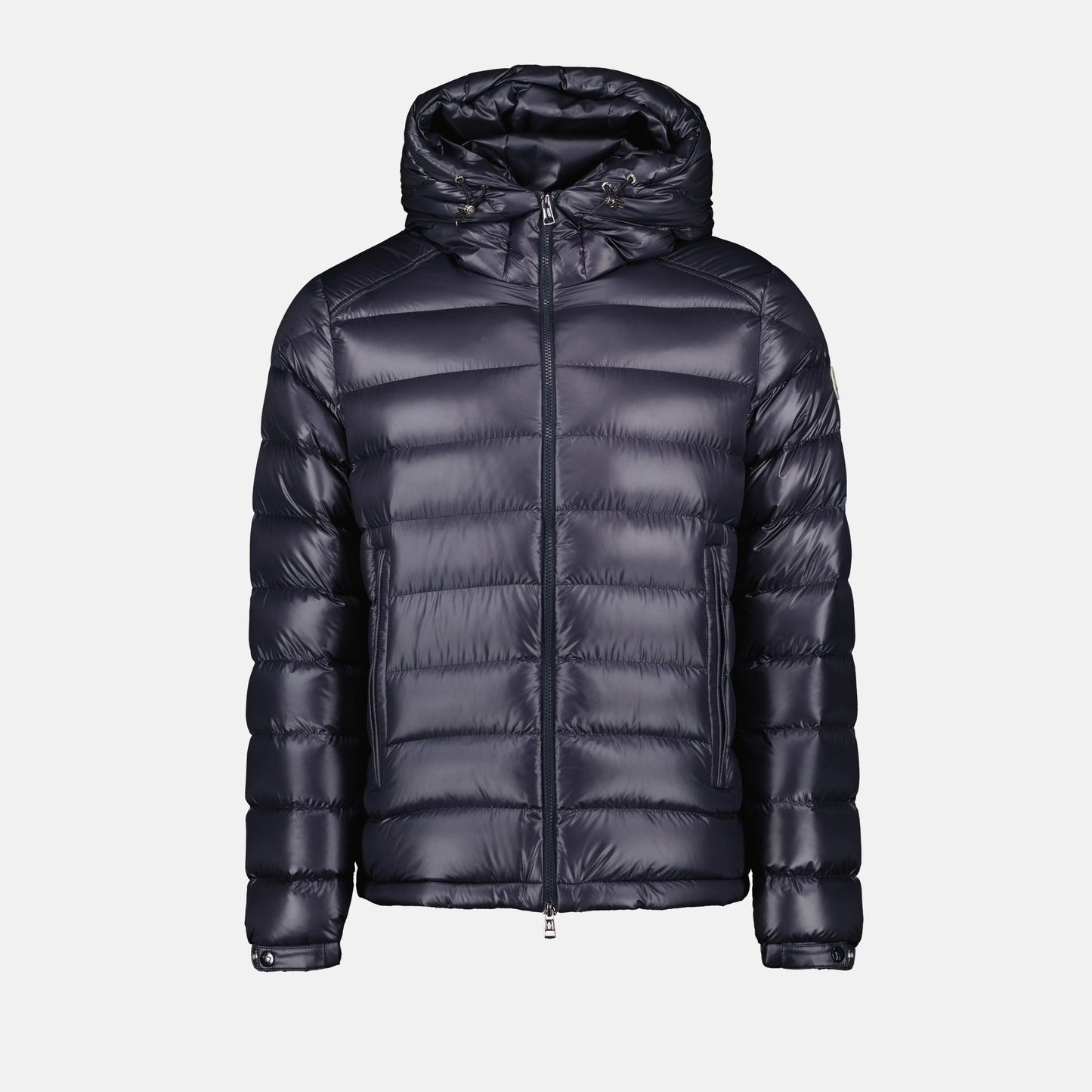 Navy nylon jacket, zip closure, adjustable hood, quilted design, autumn-winter collection