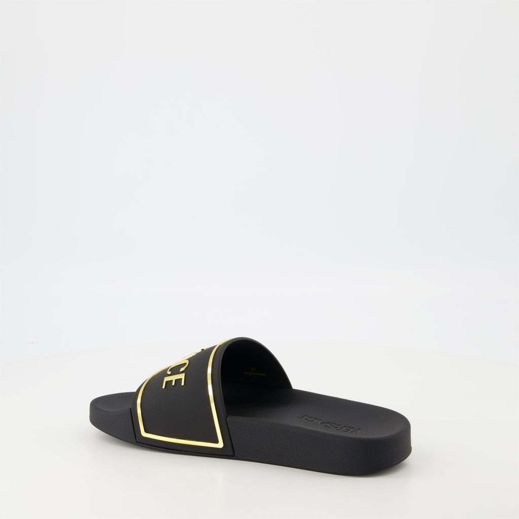 slide sandals, golden logo sandals, comfortable sandals, summer footwear, casual summer style