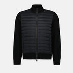 black down jacket, bi-material jacket, Moncler jacket, stylish outerwear, men’s winter coat