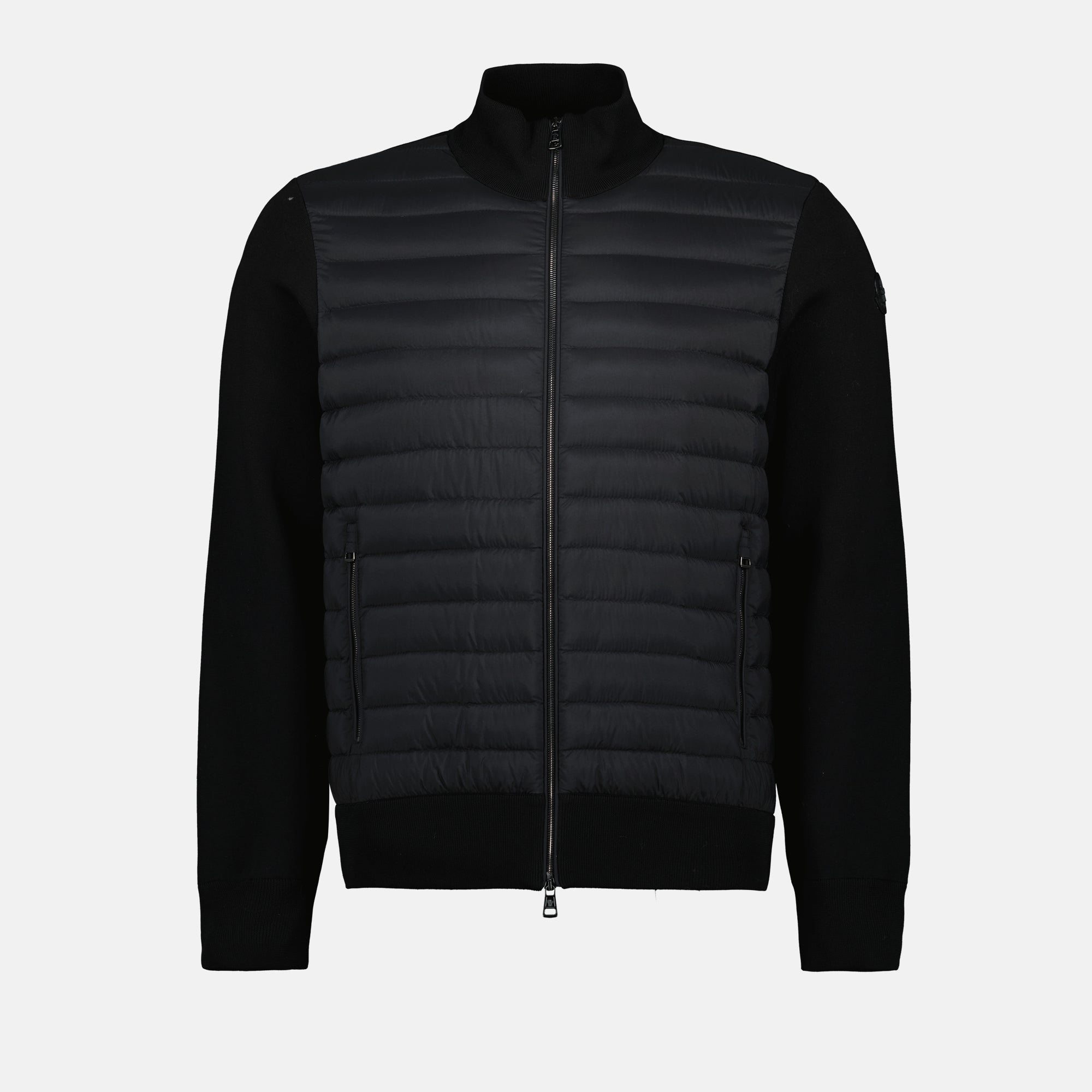 black down jacket, bi-material jacket, Moncler jacket, stylish outerwear, men’s winter coat