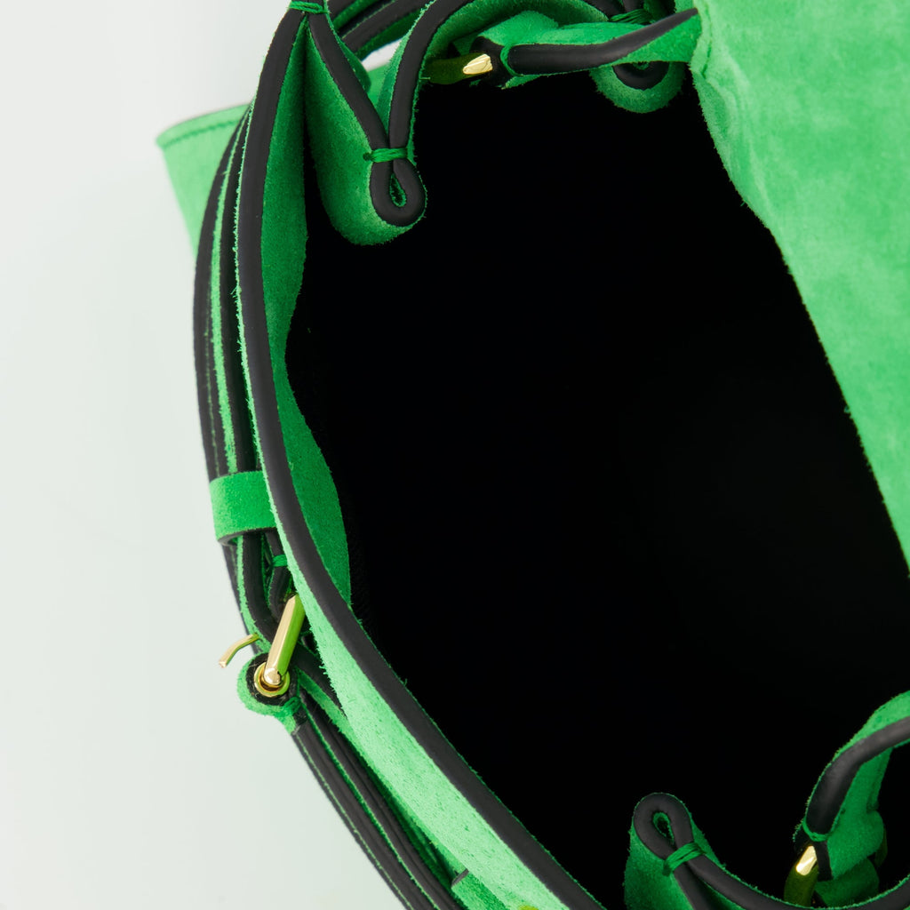 Tie Me small bag, Moschino handbag, suede bag, green bag, designer accessories