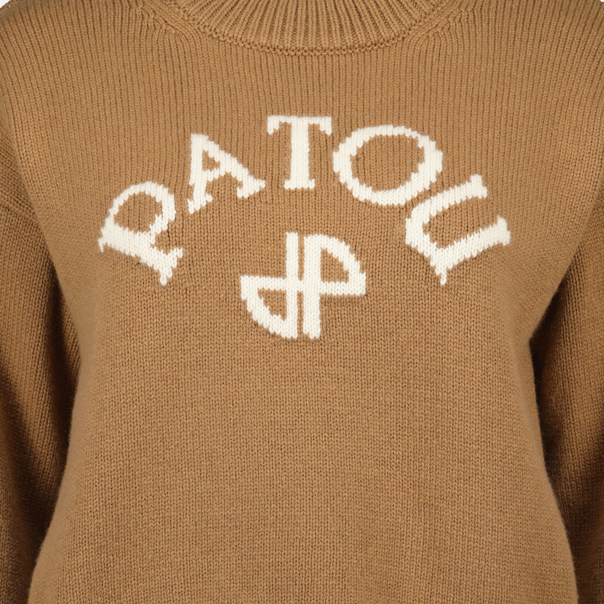 brown wool sweater, Patou sweater, classic wool knit, embroidered logo sweater, Autumn Winter collection