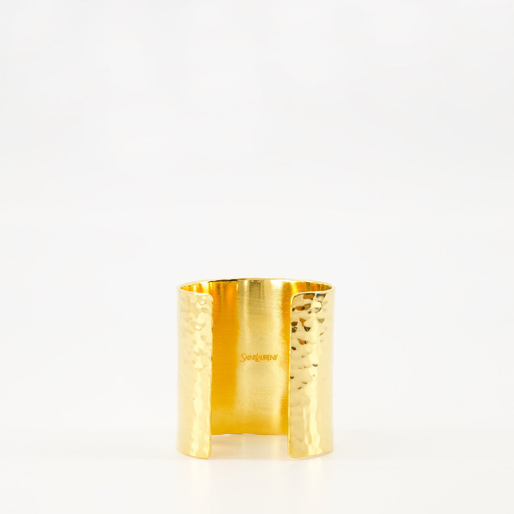 Cassandre cuff, Saint Laurent, gold cuff, brass accessory, metallic logo