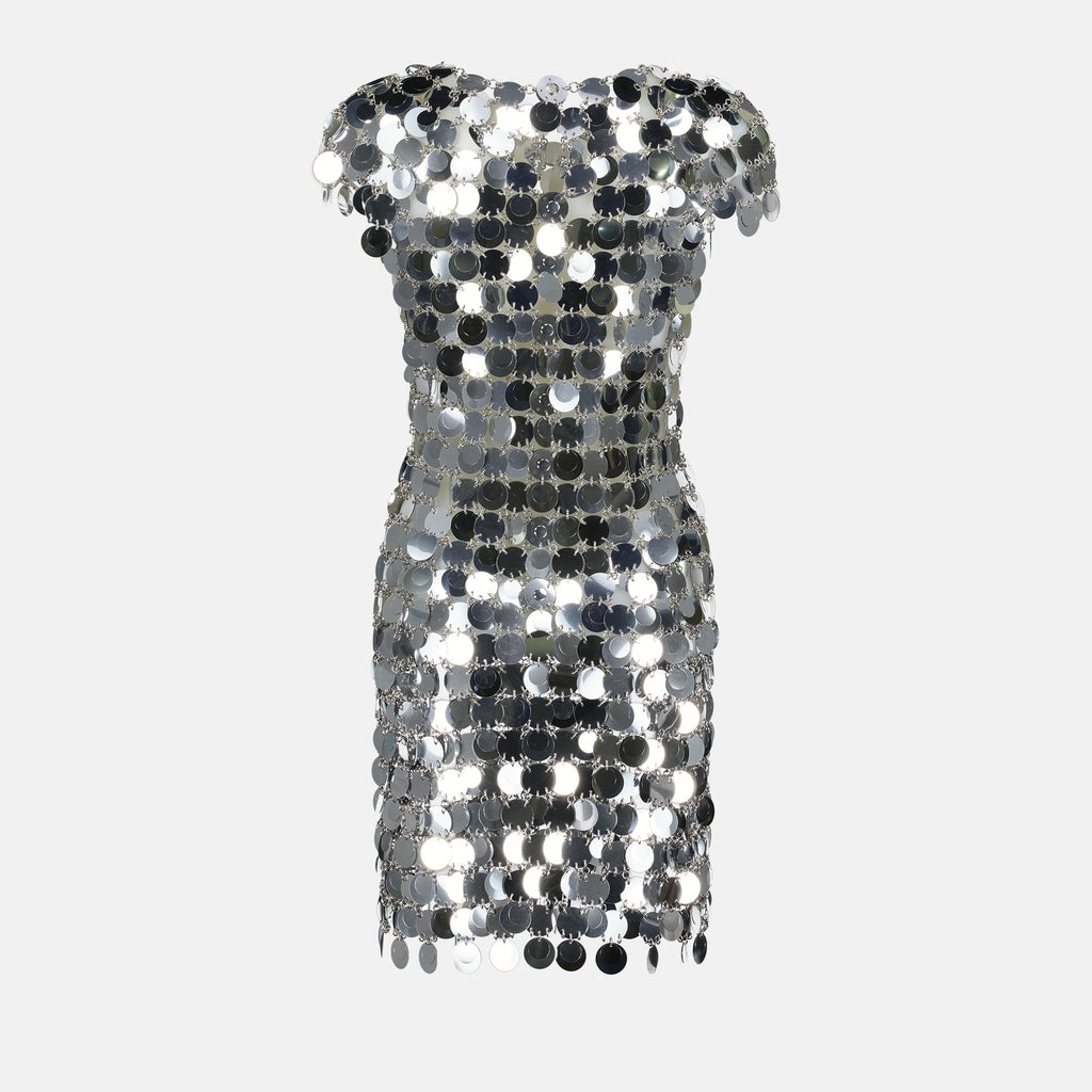 sparkle dress, mid-length dress, Rabanne fashion, silver dress, modern dress