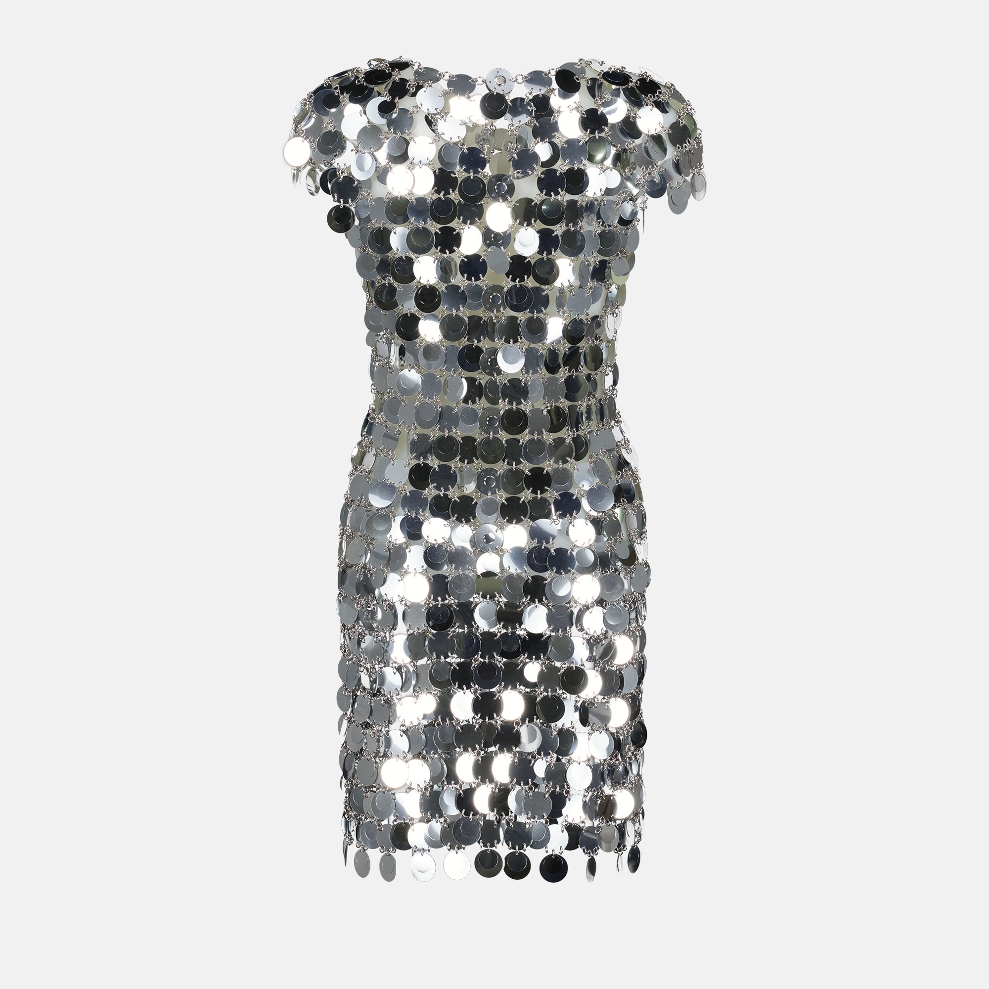 sparkle dress, mid-length dress, Rabanne fashion, silver dress, modern dress