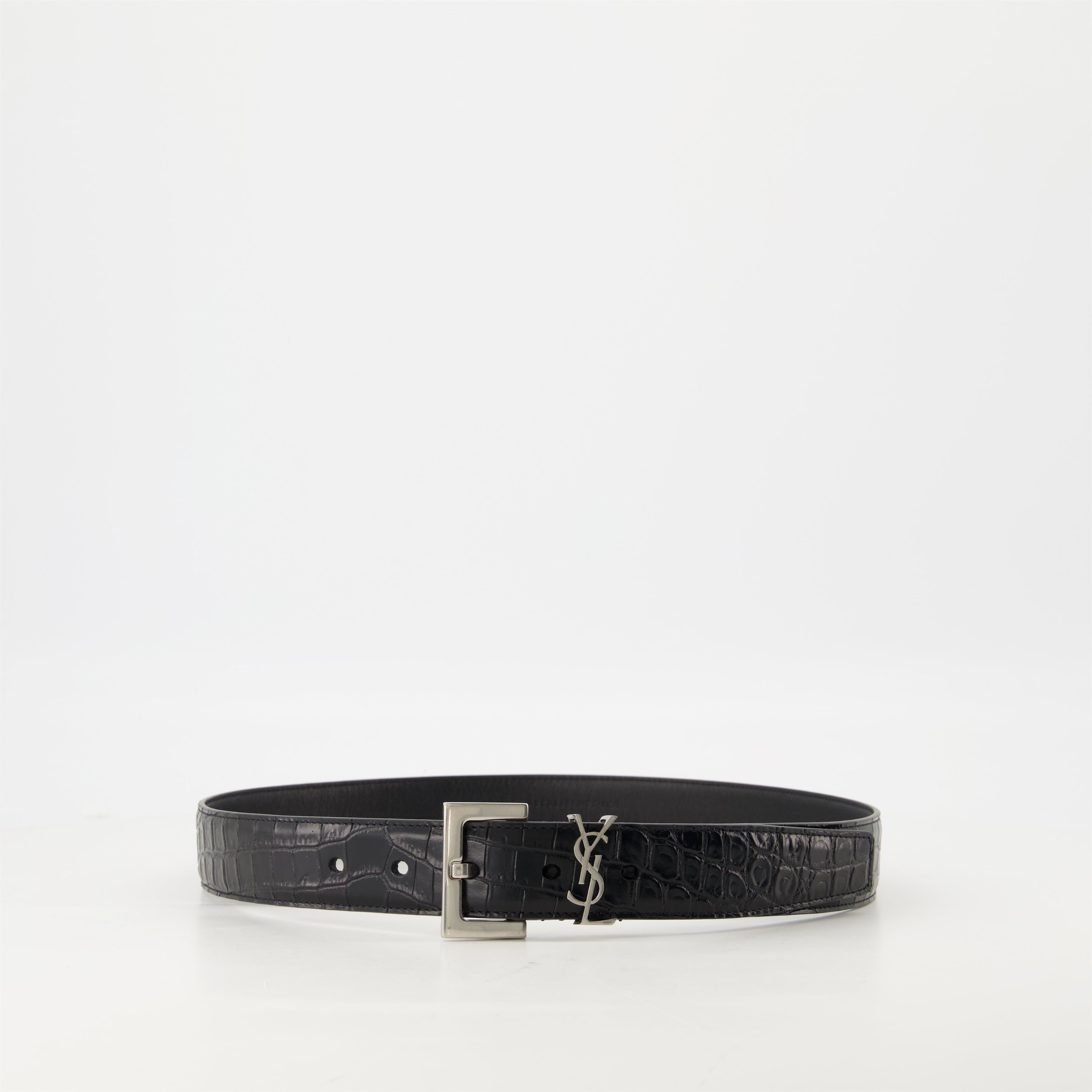 Cassandre belt, croc effect leather belt, black leather belt, adjustable leather belt, metallic logo belt