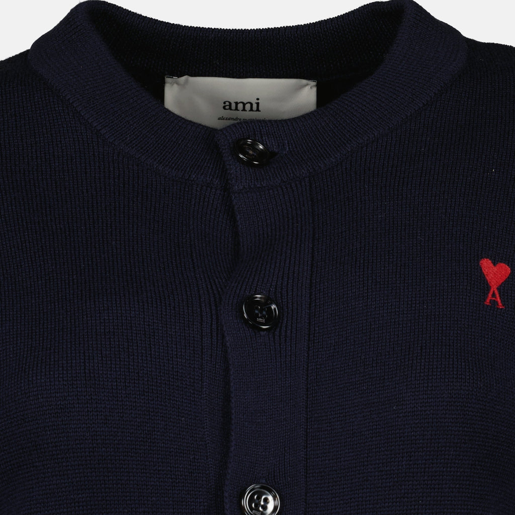 AMI de Coeur cardigan, Ami Paris wool cardigan, Autumn-Winter fashion, dark blue cardigan, women's luxury knitwear