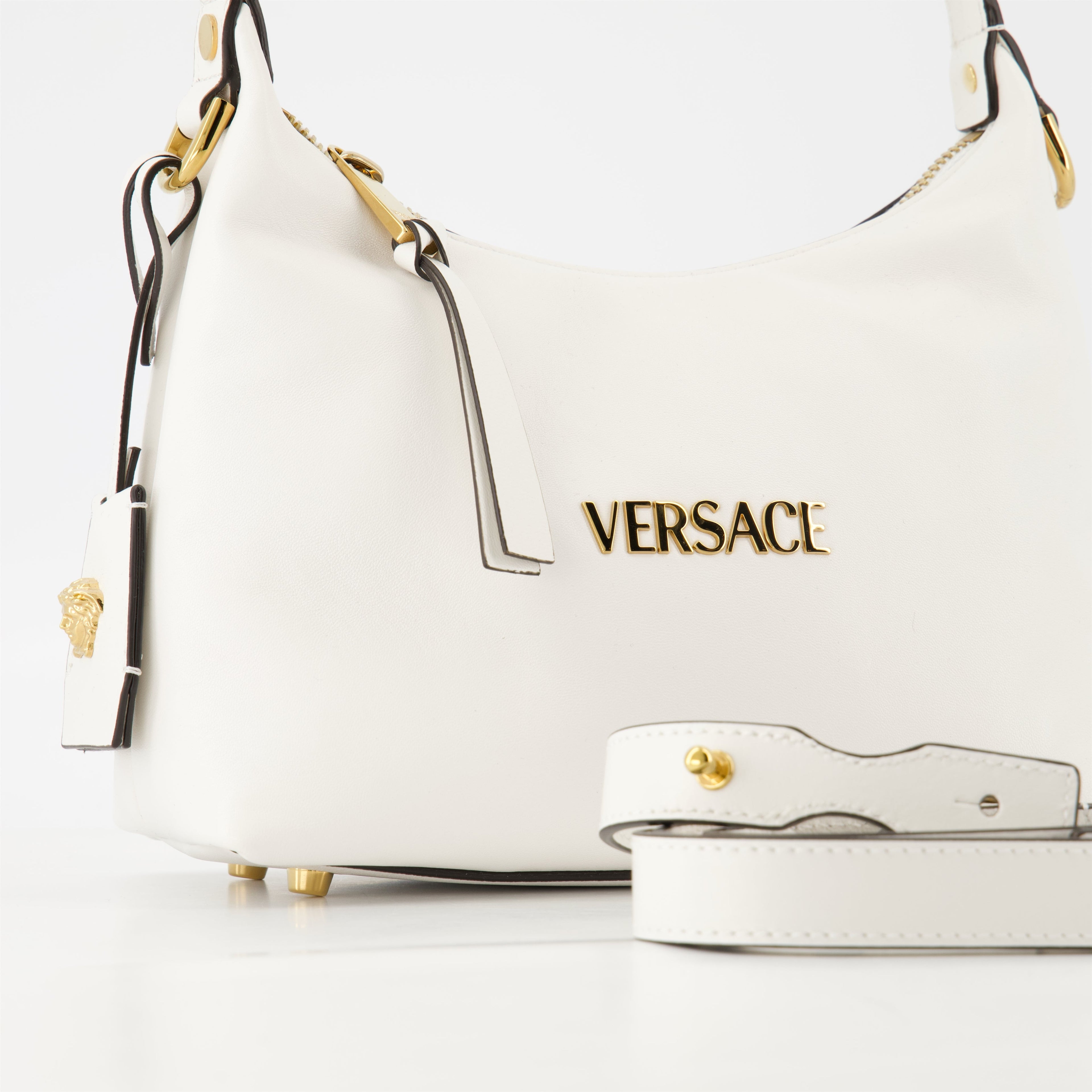 Hobo bag, Versace bag, white leather bag, luxury accessories, women's handbag