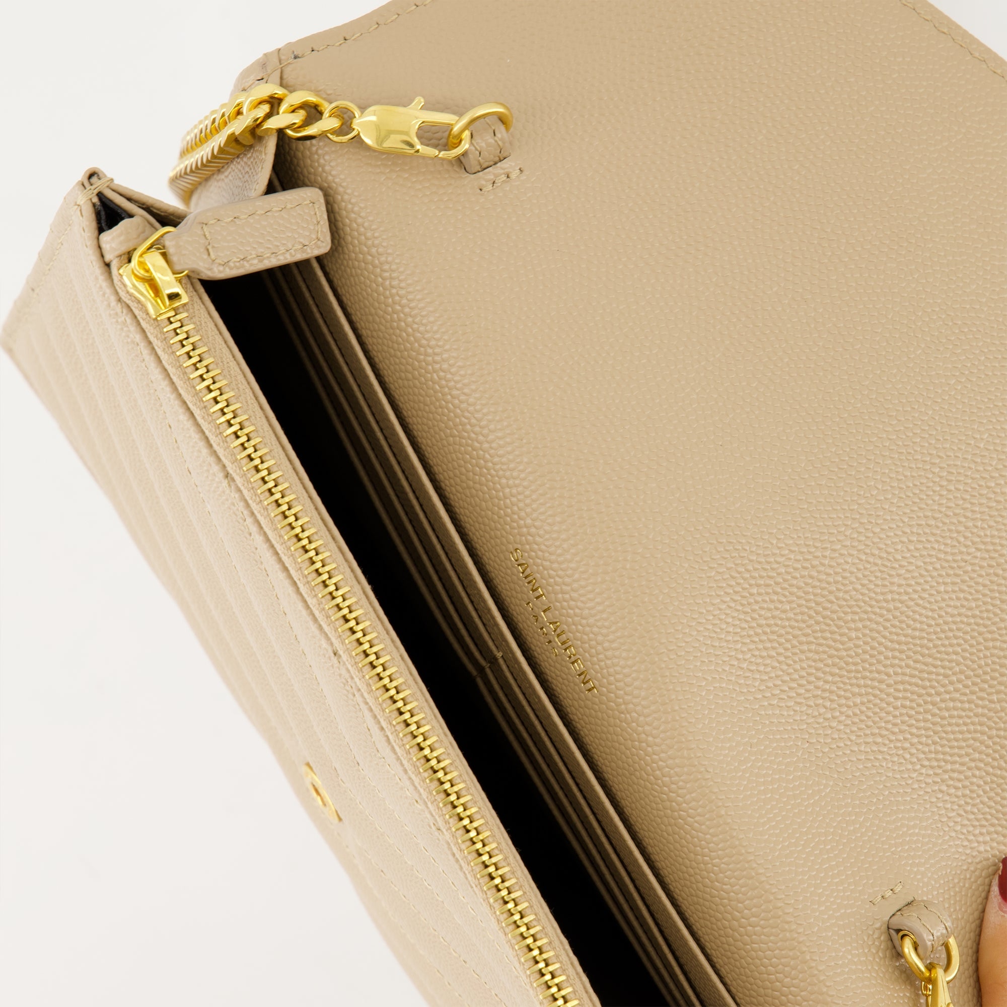Saint Laurent wallet, grained leather wallet, beige chain wallet, luxury accessories, designer wallet