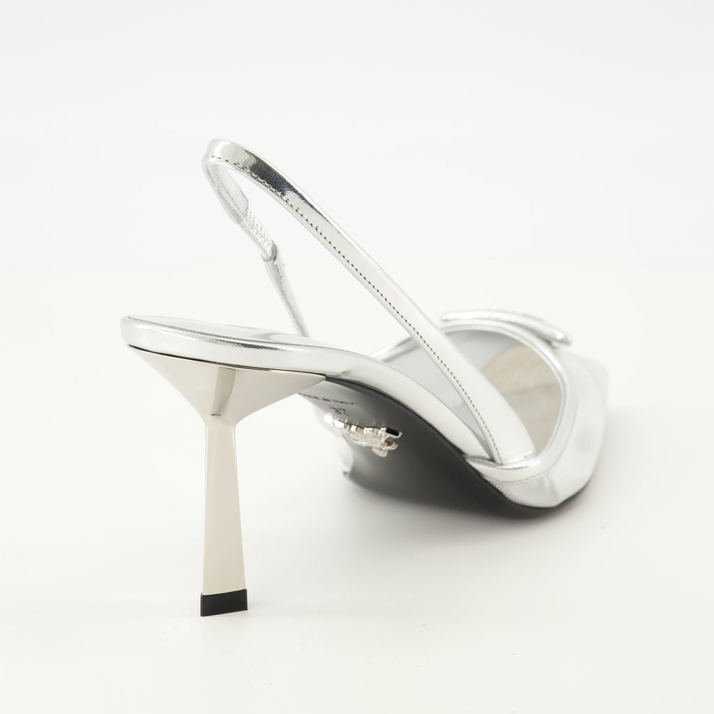 silver mesh heels, Prada footwear, pointed toe heels, elegant shoes, spring-summer collection