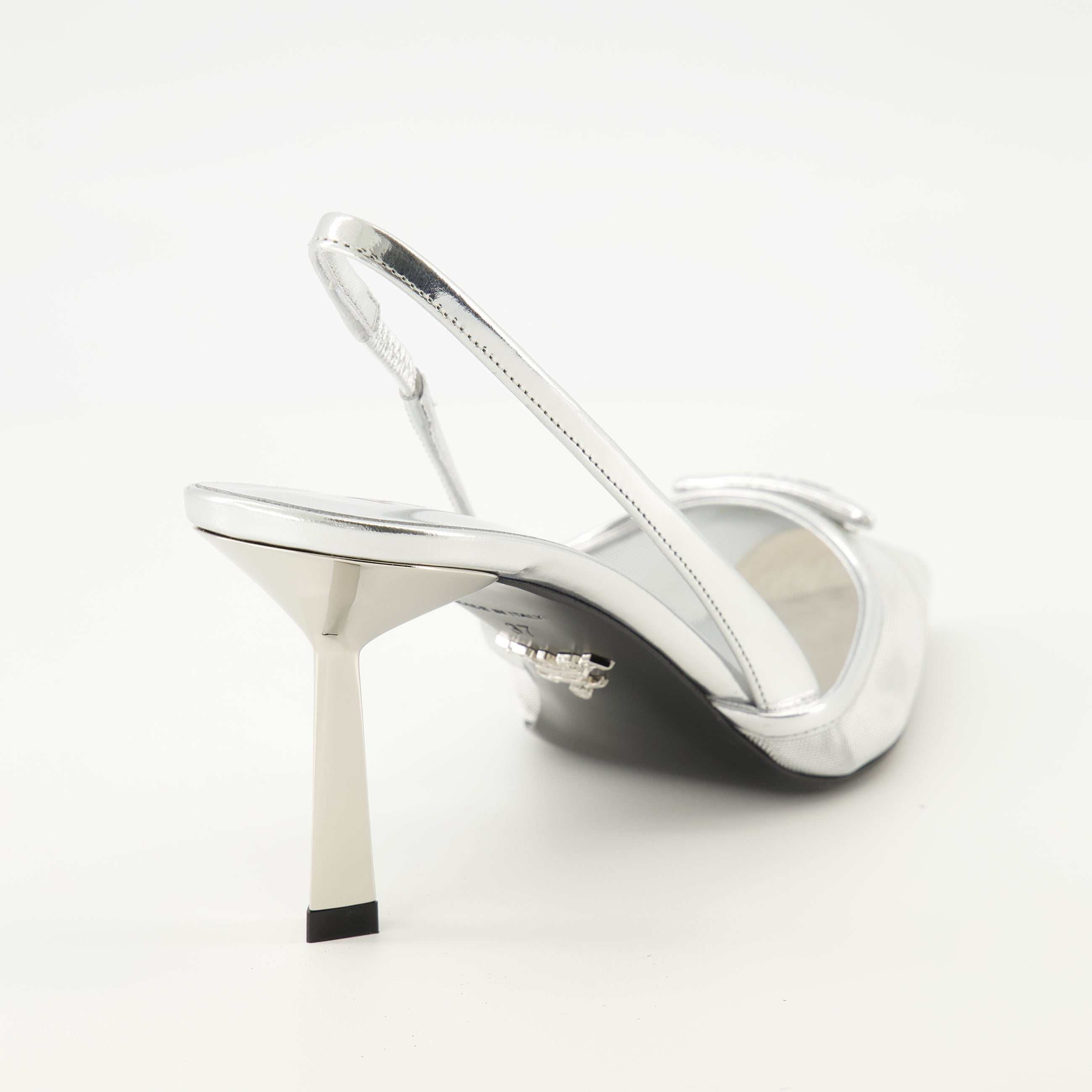 silver mesh heels, Prada footwear, pointed toe heels, elegant shoes, spring-summer collection