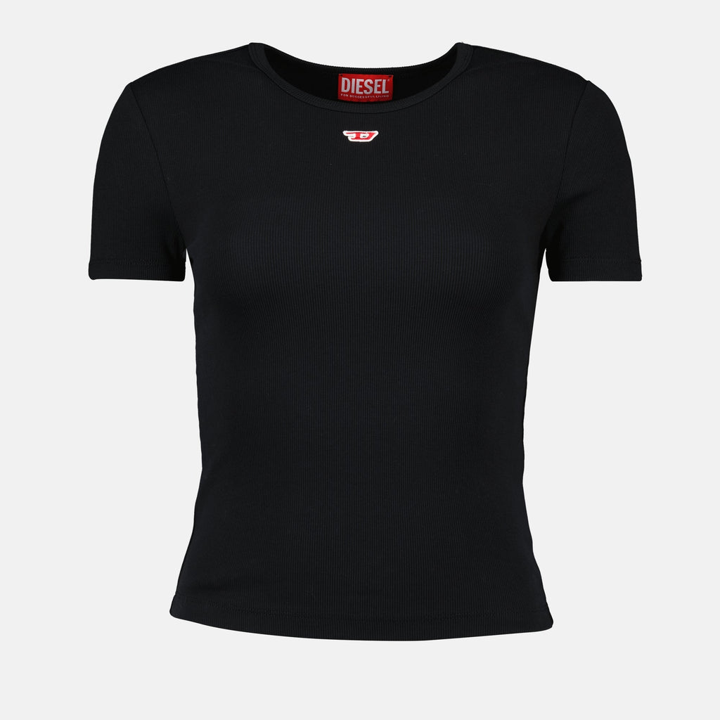 Diesel black t-shirt, T-Ele-Long tee, embroidered logo t-shirt, women’s slim fit t-shirt, casual chic t-shirt