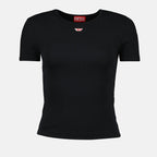 Diesel black t-shirt, T-Ele-Long tee, embroidered logo t-shirt, women’s slim fit t-shirt, casual chic t-shirt