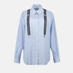 blue printed shirt, Moschino shirt, women's wardrobe staple, classic collar shirt, striped design