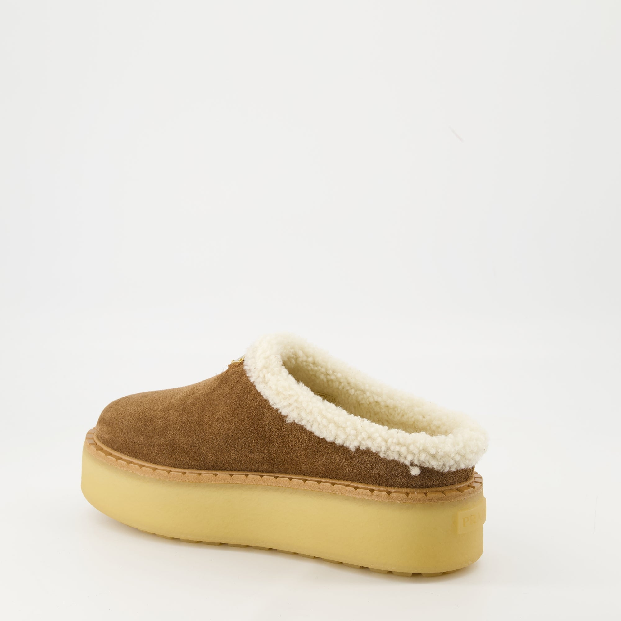 Prada mules, beige fur-lined footwear, suede mules, women's slip-on shoes, Autumn-Winter collection