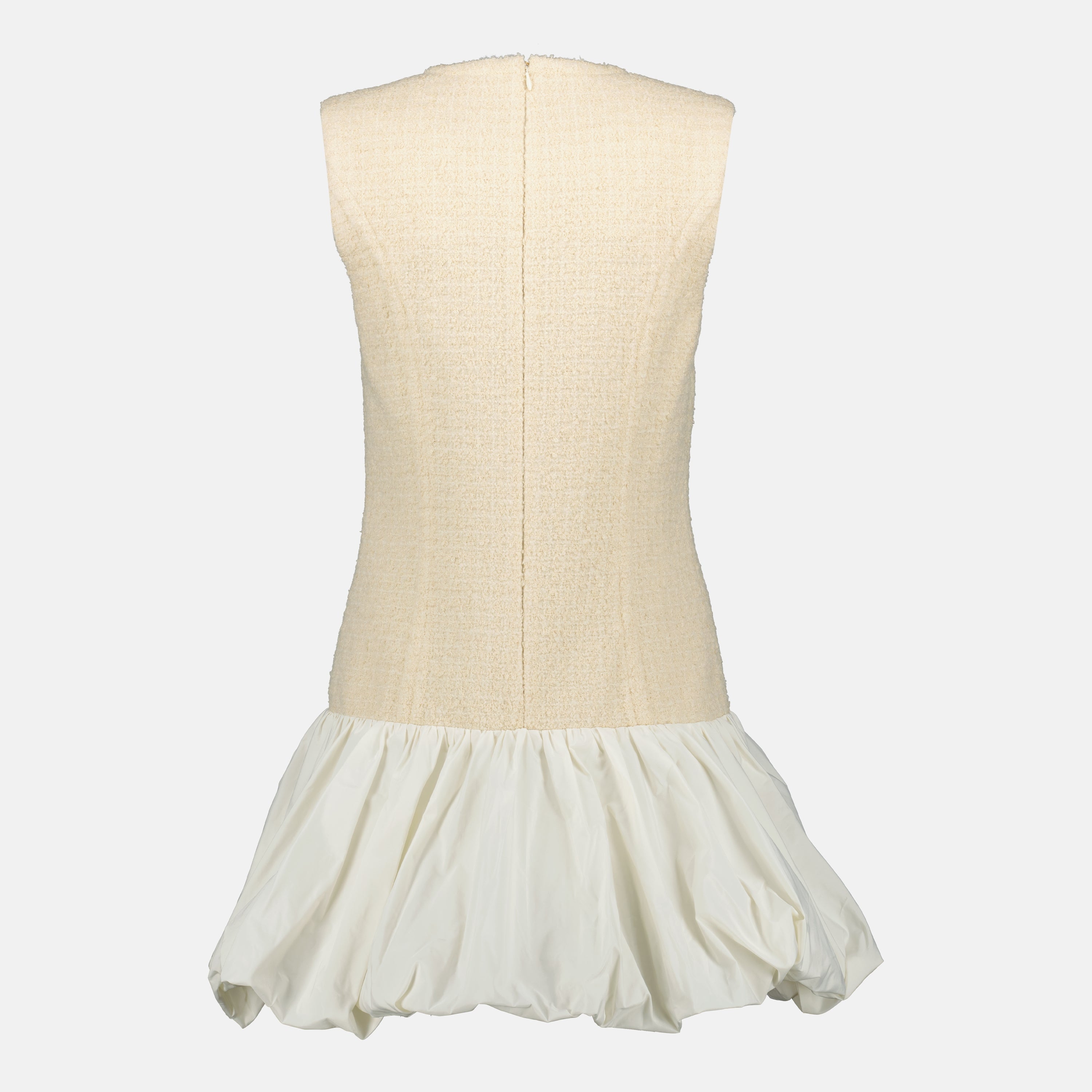 Patou dress, tweed dress, ruffled hem dress, beige dress, short dress