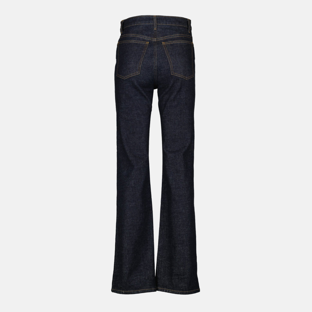 Khaite jeans, flare jeans, high-rise denim, deep blue jeans, five-pocket design
