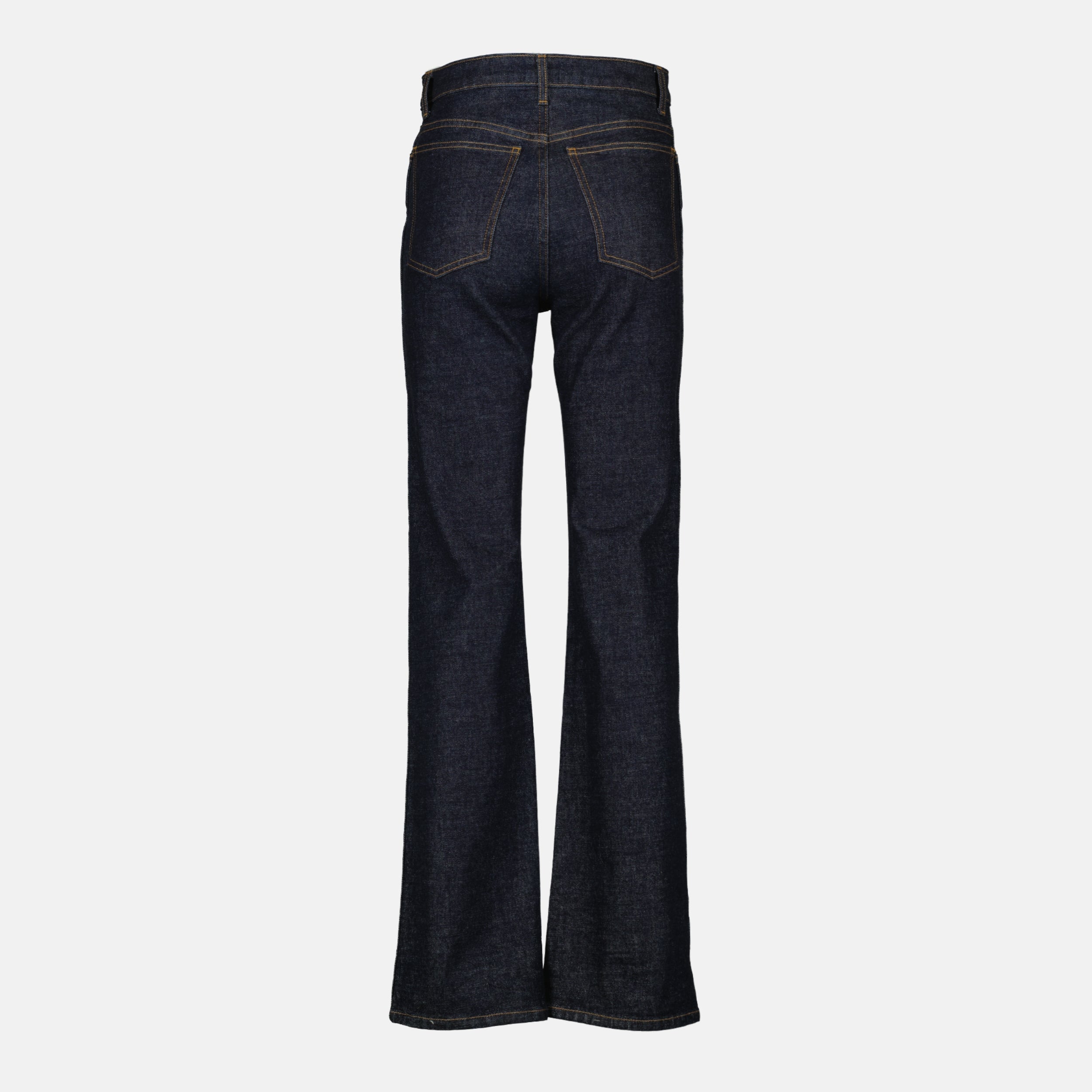 Khaite jeans, flare jeans, high-rise denim, deep blue jeans, five-pocket design